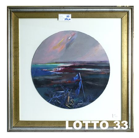 CARLO SCROCCHI (1938) DIPINTO OLIO SU TAVOLA DI FORMA ROTONDA RAFF. PAESAGGIO...