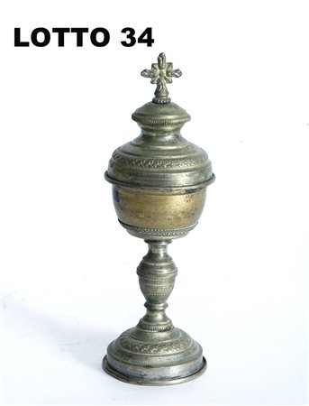 AMPOLLINA RELIGIOSA IN METALLO ARGENTATO ITALIA FINE DEL XIX° SEC.
