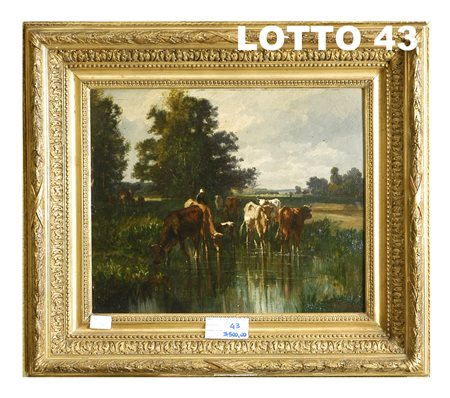 GIUSEPPE PALIZZI (1812 - 1888) DIPINTO OLIO SU TELA RAFF. MANDRIA AL PASCOLO...