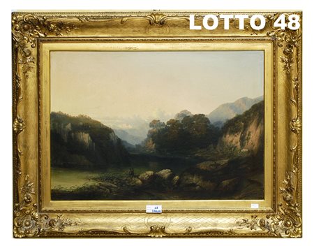 CARLO MANCINI (1829 – 1910) DIPINTO OLIO SU TELA RAFF. LAGO CON PAESAGGIO...