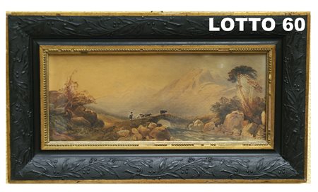 ITALIA META' DEL XIX° SEC. ACQUERELLO SU CARTONE RAFF. PAESAGGIO CON PASTORE...