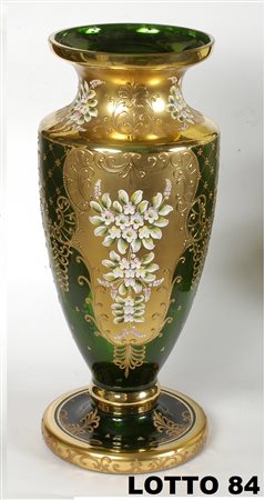 VASO IN VETRO SOFFIATO DORATO E DECORATO A MOTIVI FLOREALI GERMANIA PRIMA...