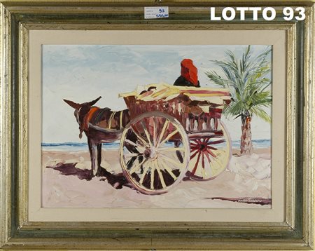 MARIO BERRINO (1920) DIPINTO OLIO SU TELA RAFF. CARRETTO SICILIANO MIS. 50 X...