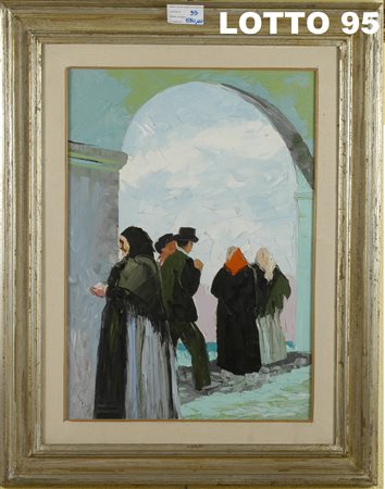 MARIO BERRINO (1920) DIPINTO OLIO SU TELA RAFF. PERSONAGGI SOTTO IL PORTICO...