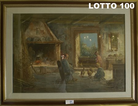 MARIO FATTORI (1930) DIPINTO OLIO SU TELA RAFF. SCENA FAMILIARE TOSCANA MIS....