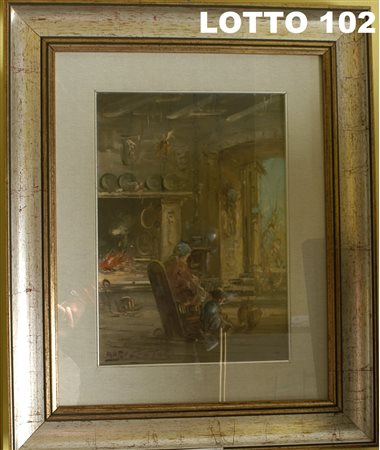 MARIO FATTORI (1930) DIPINTO OLIO SU TELA RAFF. SCENA FAMILIARE TOSCANA MIS....