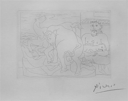 Pablo Picasso, Le repos du sculpteur devant un taureau et des chevals - bloch 166, 1933