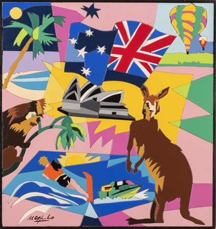 Nespolo Ugo AUSTRALIA acrilico su legno, cm 49x46 firmato sul retro: titolato...
