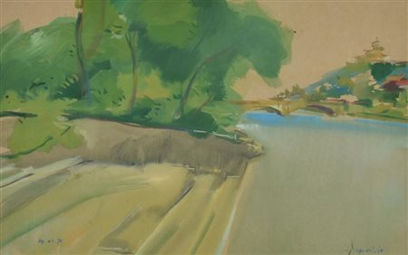 Proverbio Luciano IL PO DAL VALENTINO tempera su carta, cm 31x49 sul fronte:...