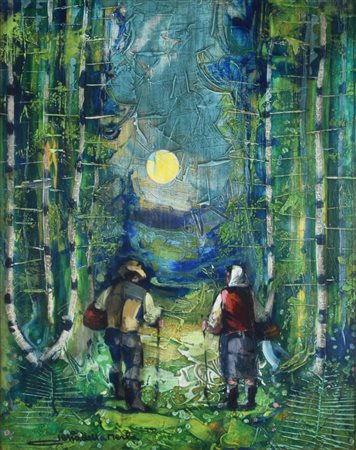 Sesia della Merla Gianni CERCATORI DI FUNGHI olio su faesite, cm 50x40 sul...