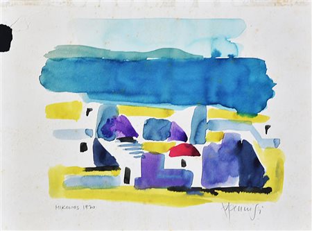 Pennisi Paul MIKONOS guazzo su carta, cm 24x32 sul fronte: firma, titolo e...