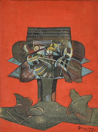 Bruzzone Franco UOMO MACCHINA olio su tela, cm 24x18 sul fronte: firma e data...