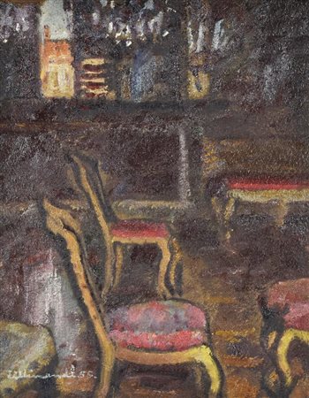 Allimandi Enrico SALOTTO olio su cartone, cm 45x35 sul fronte: firma e data...