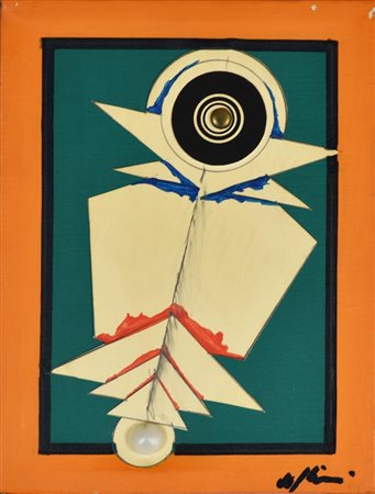 Volpini Renato COMPOSIZIONE olio e collage su tela, cm 24x18 sul fronte:...