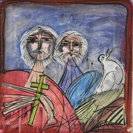 Spazzapan (attribuito a) Luigi I DUE SANTONI E LA COLOMBA tecnica mista su...