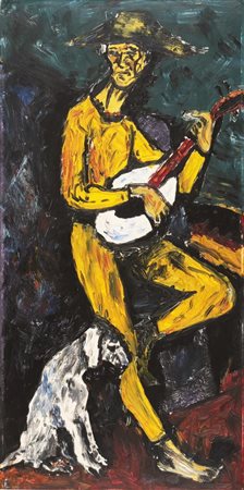 Aizpiri Paul Augustin CHITARRISTA CON CANE olio su cartone, cm 64x34 firmato