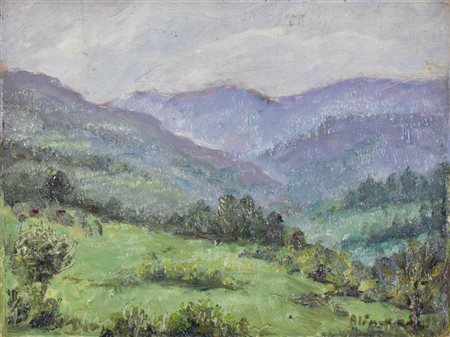 Allimandi Enrico LA VALLE DI LANZO olio su tavola, cm 19x24 sul fronte: firma...