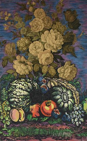 Hollesch Carlo FIORI STAMPATI CON ZUCCHE tecnica mista su tela, cm 98x61 sul...