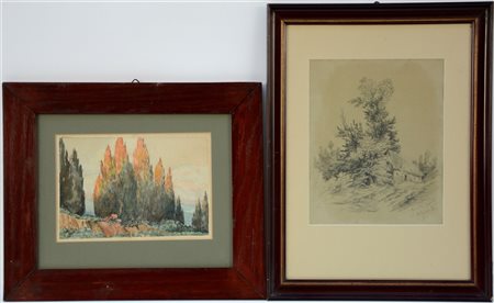 Lotto di due disegni raffiguranti paesaggi, matita e acquerello, autori e...