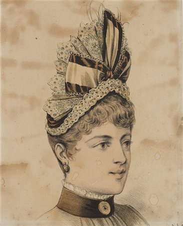 Litografia "Gentildonna con alto cappello" (cm 22x18) In cornice in legno...