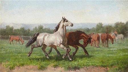 Simone Campanile (Cava dei Tirreni 1826 - Napoli 1896) "Cavalli" olio su...
