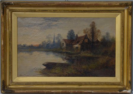 Alexander Jamieson (Glasgow 1873 - Bruges 1850) "Paesaggio lacustre", olio su...