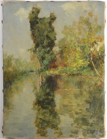 Guglielmo Ciardi (Venezia 1842 - 1917) "Sul Sile" olio su tela (cm 29.5x22)...