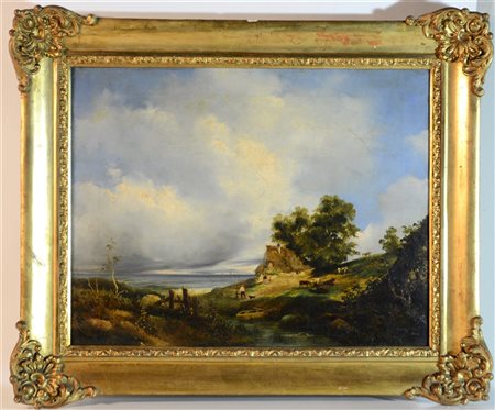 Ignoto del XIX Secolo "Paesaggio nordico" olio su tela (cm 43x55.5) (difetti)...