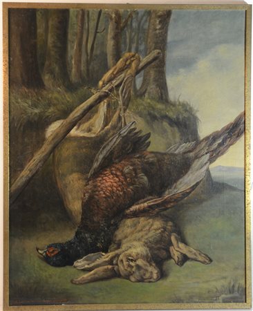 Maestro francese del XIX Secolo "Cacciagione" 1880 olio su tela (cm 81x65)...