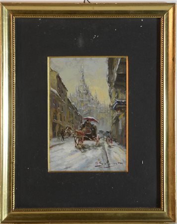 Giuseppe Solenghi (Milano 1879 - Cernobbio 1944) "Milano sotto la neve" olio...