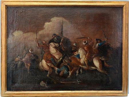 Scuola emiliana del secolo XVIII "Battaglia" olio su tela (cm 70x97) In...