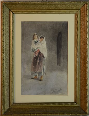 Mosè Bianchi (Monza 1840 - 1904) Studio per "Dalla vaccinazione" acquerello...