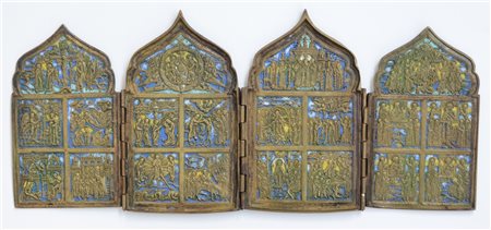 Icona quadripartita in bronzo e smalti decorata a scene della vita di Cristo....