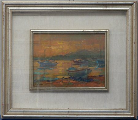 Ettore Frana "Tramonto autunnale" olio su cartone (cm 18x24) firmato in basso...