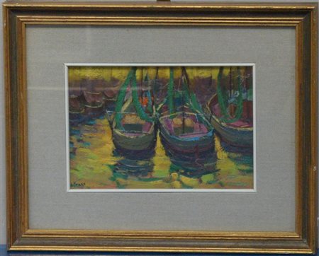 Ettore Frana "Barche nel porto" olio su cartone (cm 16x23) firmato in basso a...