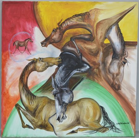 Alain Brandebourger (Bambari 1952) "Composizione con cavalli" olio su tela...
