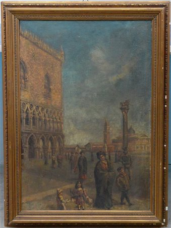 Ignoto "Scorcio di Piazza San Marco con figure" olio su tela (cm 85x58) in...