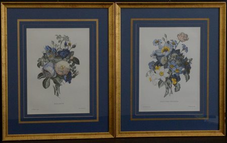 Gruppo di quattro stampe inglesi a colori raffiguranti fiori (cm tot 59x49),...