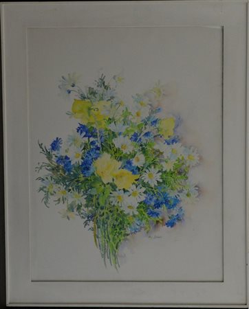 Acquarello raffigurante un mazzo di fiori firmato Dobelli (cm 75x57) in...