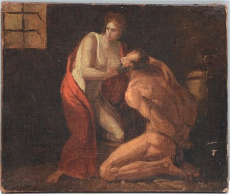 Scuola genovese del secolo XVIII "Carità romana" olio su tela (cm 25x30)...