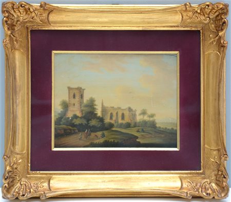 Scuola fiamminga della fine del secolo XIX "Paesaggio con rovine e figure"...