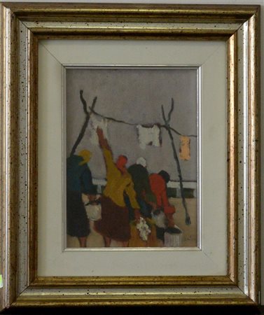 Guido Bertuzzi (1939) "Le massaie" olio su tela (cm 23x17.5) Firmato in basso...