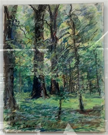 Firma indecifrata "Bosco" tecnica mista su carta applicata su masonite cm...