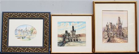 Lotto composto da due stampe ed un acquarello raffiguranti scorci di città,...