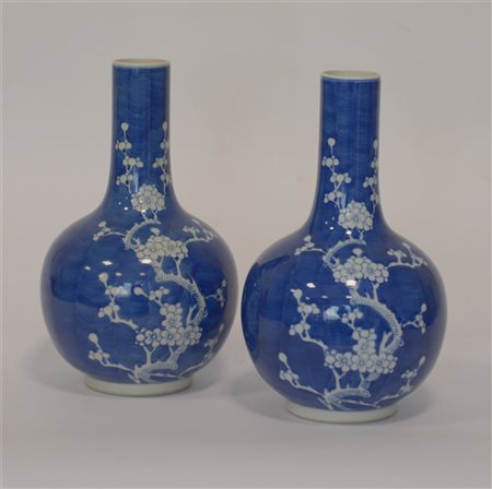 Coppia di vasi a bottiglia in porcellana bianca e blu decorati con motivi...
