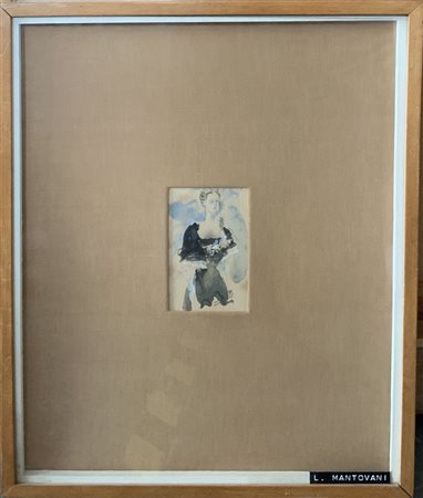 Lotto di due acquarelli raffiguranti un vaso di fiori e una figura femminile,...