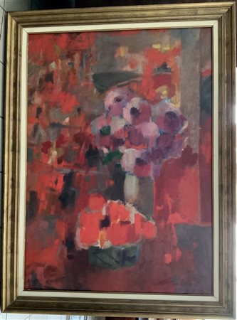 Firma indecifrata "Fiori alla finestra" '60, olio su tela (cm 100x70) Firmato...