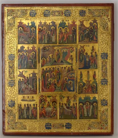 Arte Russa, icona a fondo oro decorata con molteplici scene della vita di...