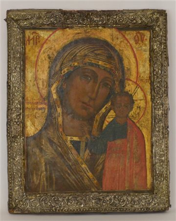 Arte Russa del secolo XIX "Madonna con Bambino" icona su tavola (cm 32x26)...