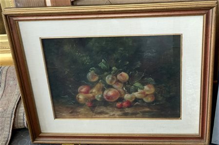 Lotto di due dipinti ad olio raffiguranti nature morte con frutta, autori e...